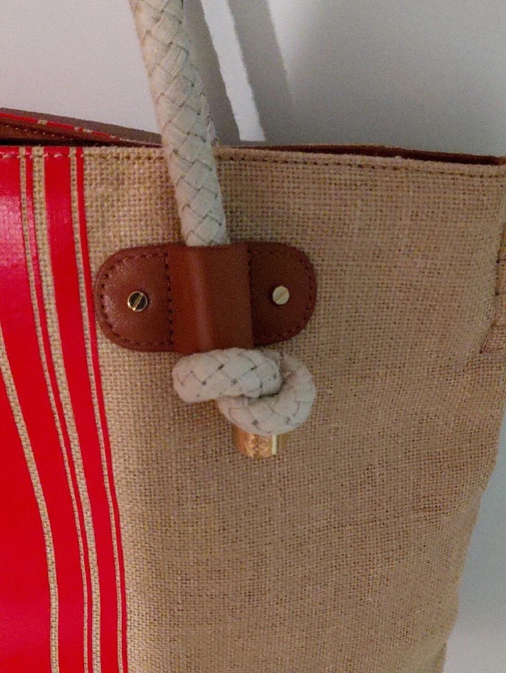 (Rare)Tory Burch Beige Canvas Tote with Red Stripe and Logo